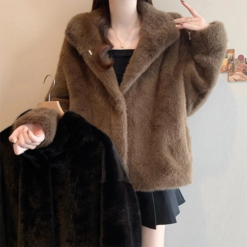 

Большой размер, толстое теплое пальто из искусственного меха норки для женщин, осень и зима 202, простая темпераментная плюшевая куртка, верхняя одежда W1233