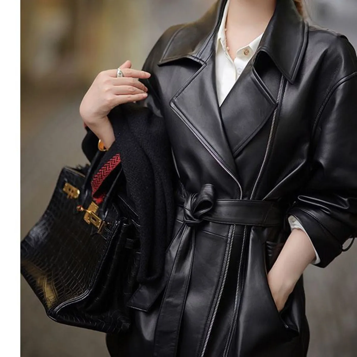 Women\'s Mid Length Leather Coat, Suit Collar, Sheepskin Trench, Autumn and Winter Coat, Loose Silhouette, Genuine Coat