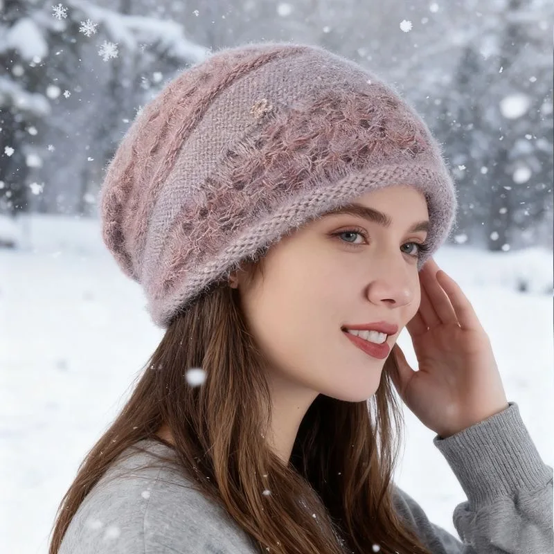 Winter New Double-layer Knitted Hollow Flower Squirrel Velvet Warm Small Crimping Stack Ear Protector Bag Head Women's Hat