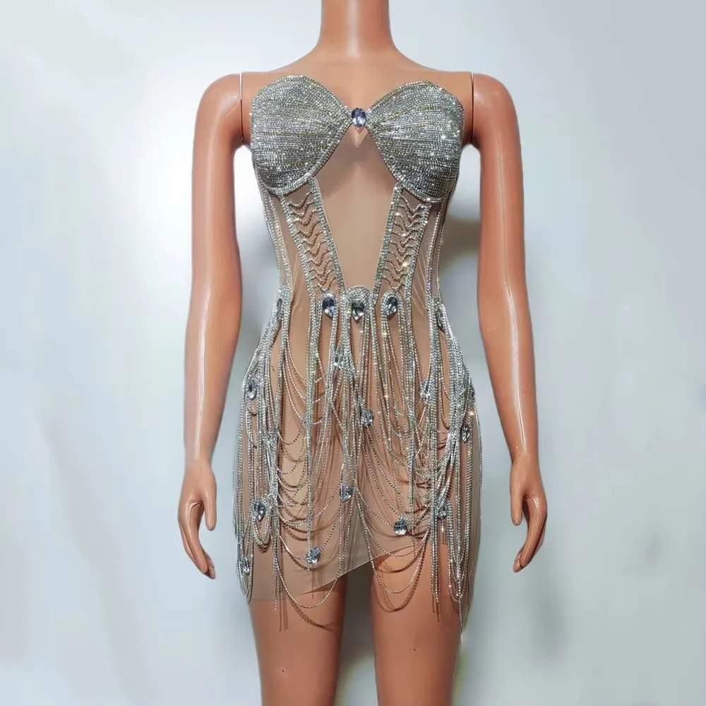 Luxe Strass Kettingen Strapless Korte Jurk Sexy Transparante Prom Celebrity Verjaardag Nachtclub Fotoshoot Kostuum Vrouwen