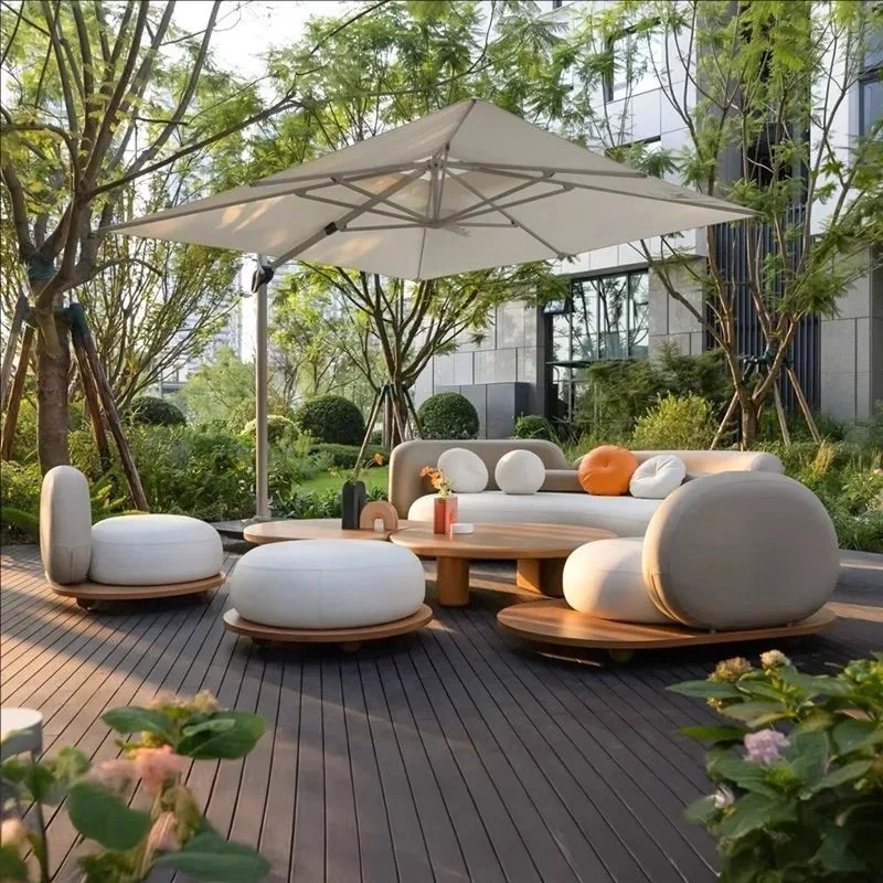 

Outdoor Courtyard Teak Leisure Sofa Garden Villa Terrace Preservative Solid Wood Combination Creative Round Furniture