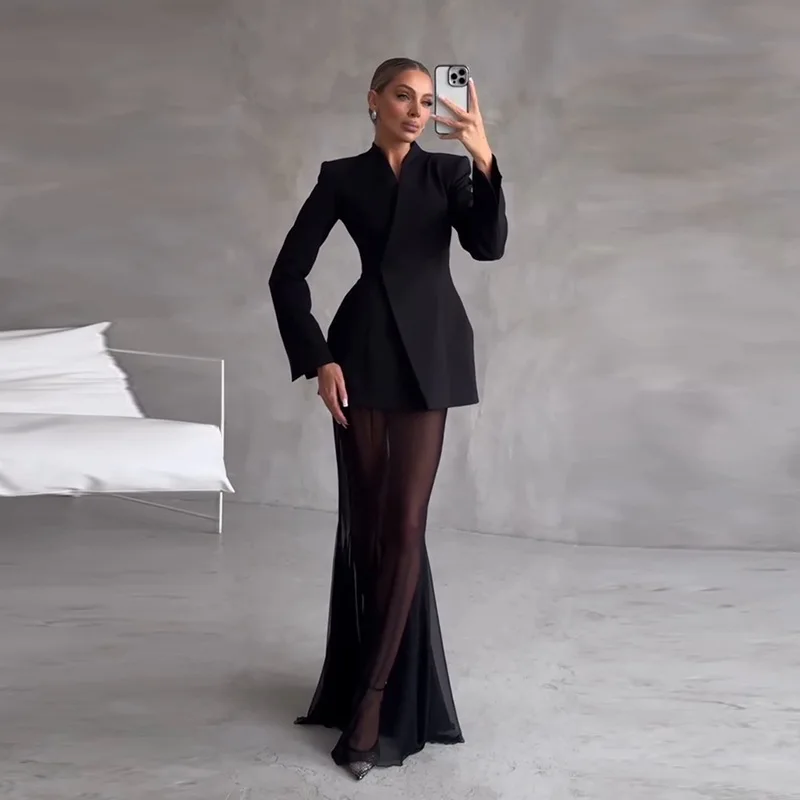 

Women Black Evening Dress Set, Elegant Long Sleeve Gown with Belt and Stylish High-Slit Mermaid Skirt for Party Banquet In Stock