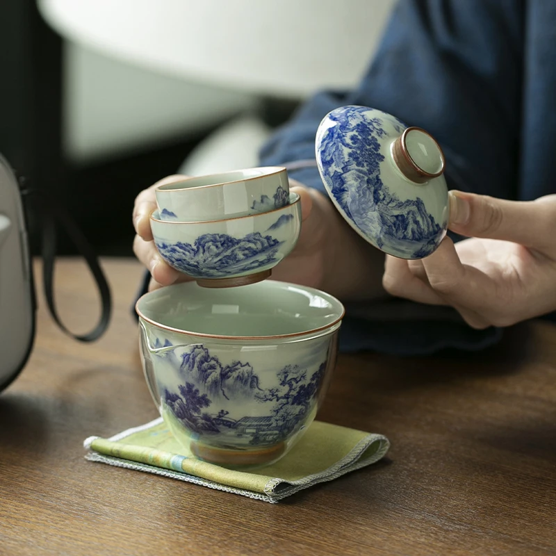 الصينية الرجعية الأزرق والأبيض الخزف فنجان شاي المحمولة وعاء واحد اثنين كوب ثلاثة أكواب السفر طقم شاي الكونغ فو