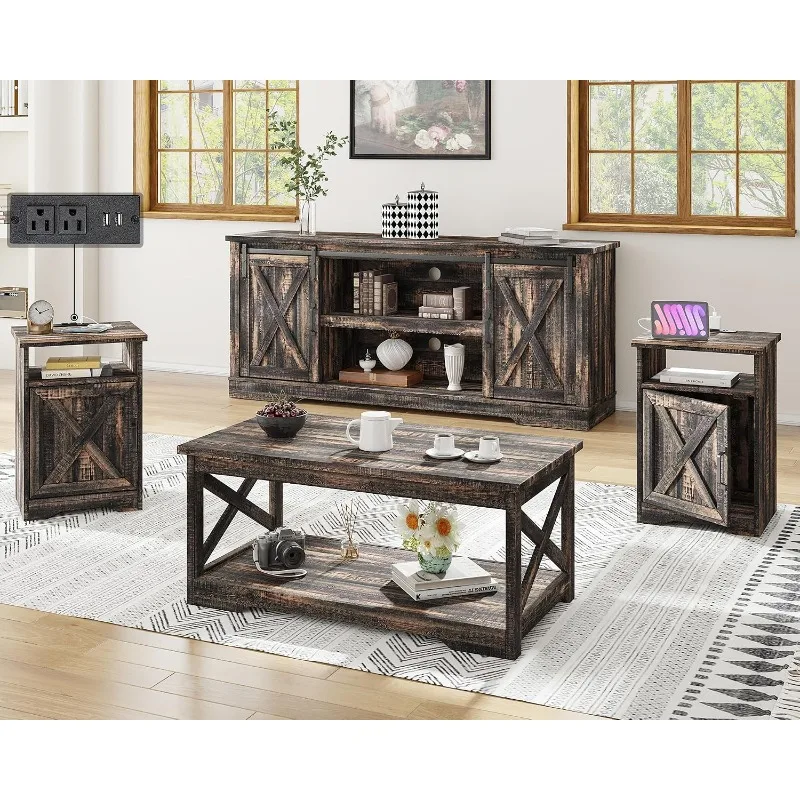 AMERLIFE 4-Piece Farmhouse Table Set Includes Sliding Barn Door TV Stand,Side Table with Charging Station and USB Ports