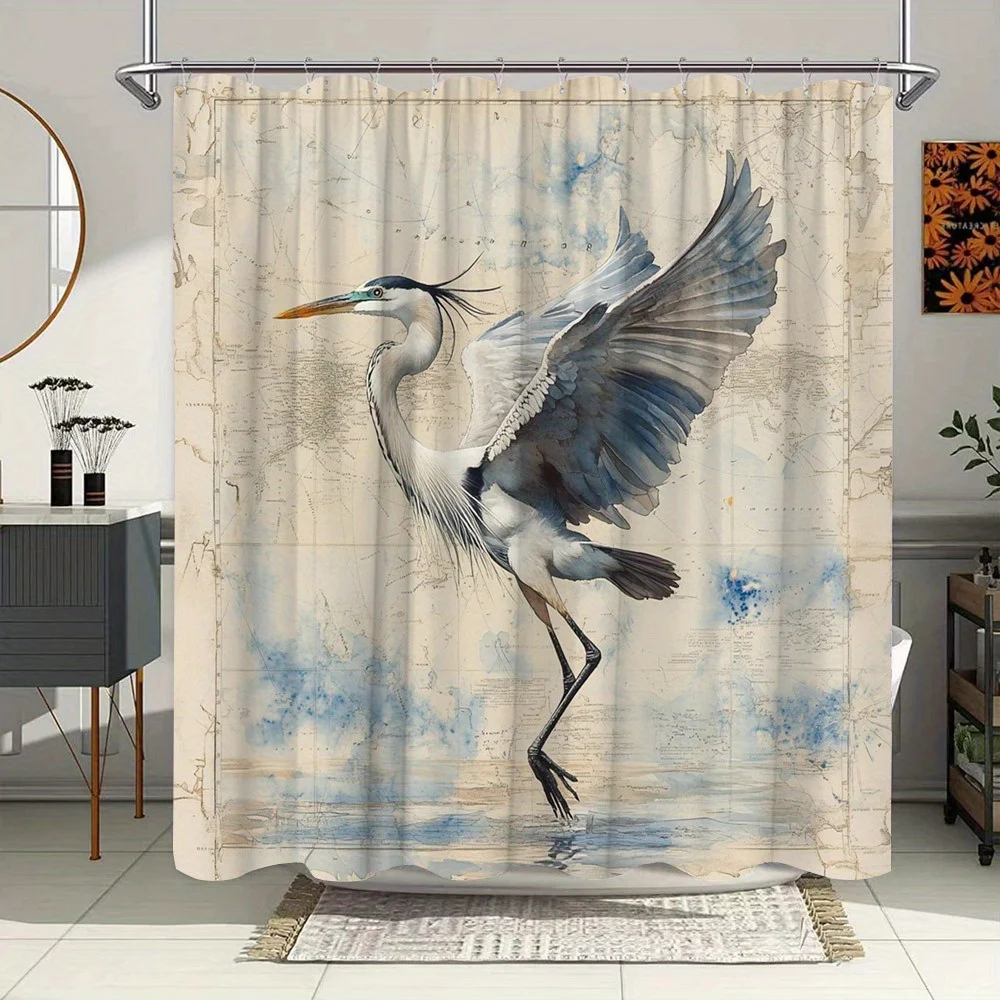 

1pc Artistic Great Blue Heron Shower Curtain with Vintage Map Background - Polyester Fabric, 12 Hooks, 70x70 Inches, Watercolor