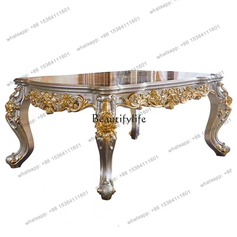 

13European-Style Square Dining Table Champagne Gold Villa Marble Wood Carved Household Rectangular Dining Table