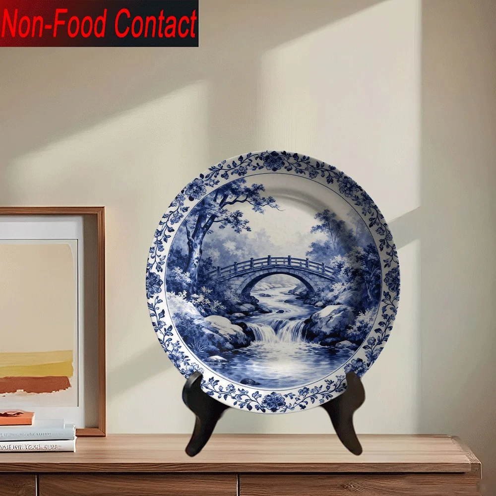 2D Flat, 1pc Ceramic Decorative Plate - and Landscape with Bridge & Waterfall Design, Non-Food Contact, Classic Home Decor for