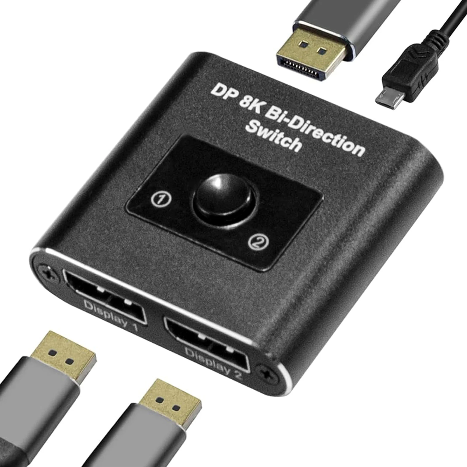 DisplayPort Switch 2 in 1 Out, 1 in 2 Out, Bi-Directional Switch with One-Button Switching, Supports 8K@30Hz,High-Speed 32.4Gbps