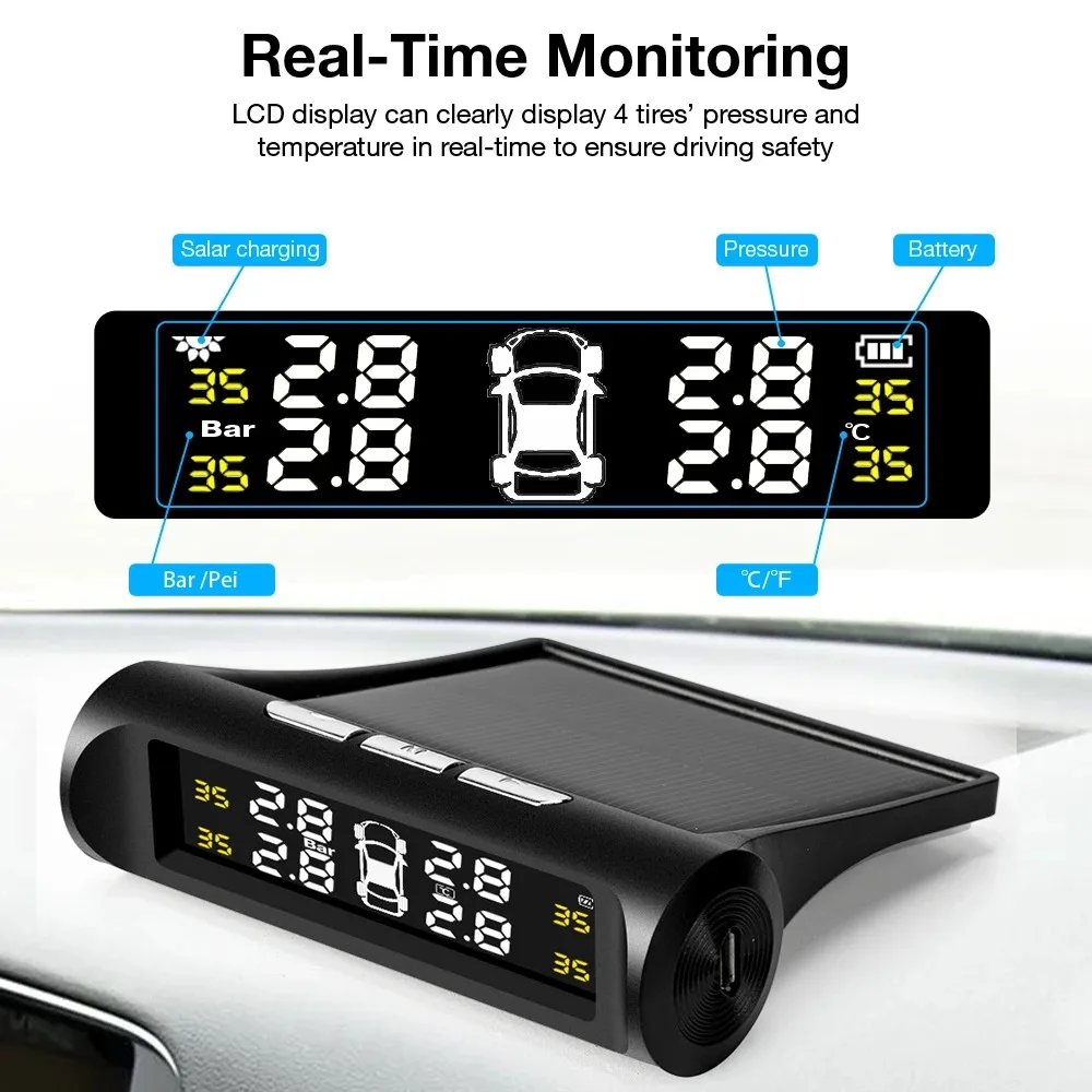 Car TPMS Tire Pressure Monitoring System Solar Charging HD Digital LCD Display Auto Alarms Wireless External Sensors TPMS
