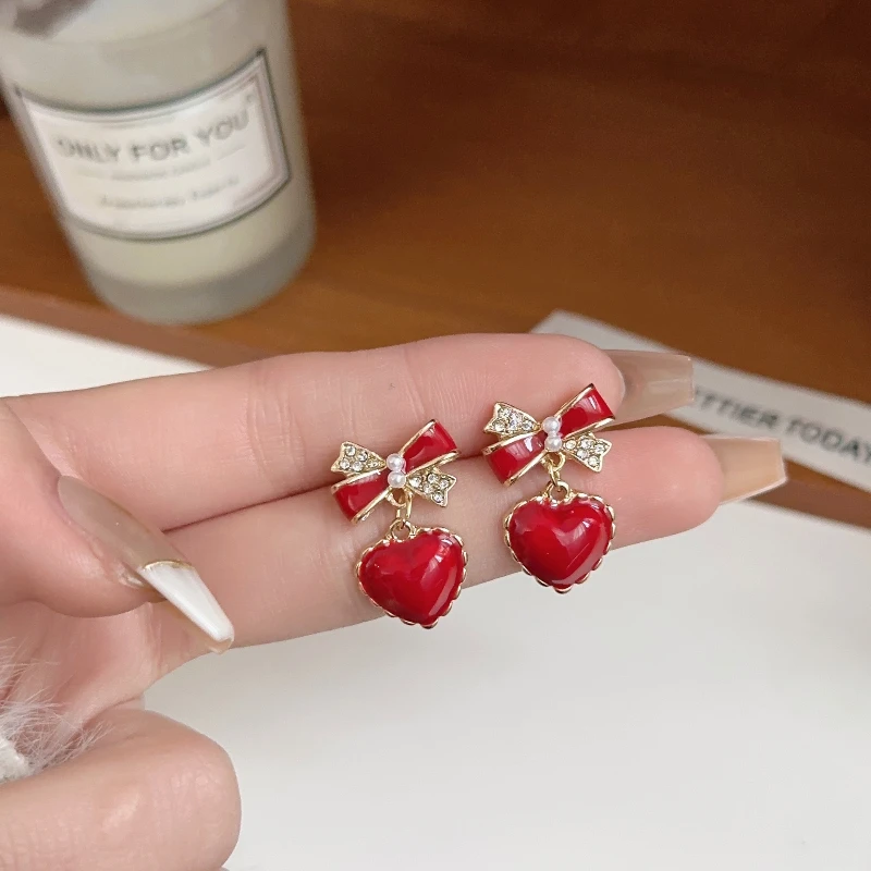 Fashion Style Temperament Wine Red Bow Knot Peach Heart Clip on Earrings No Piercing Exquisite Zircon Pearl Ear Clips Earrings