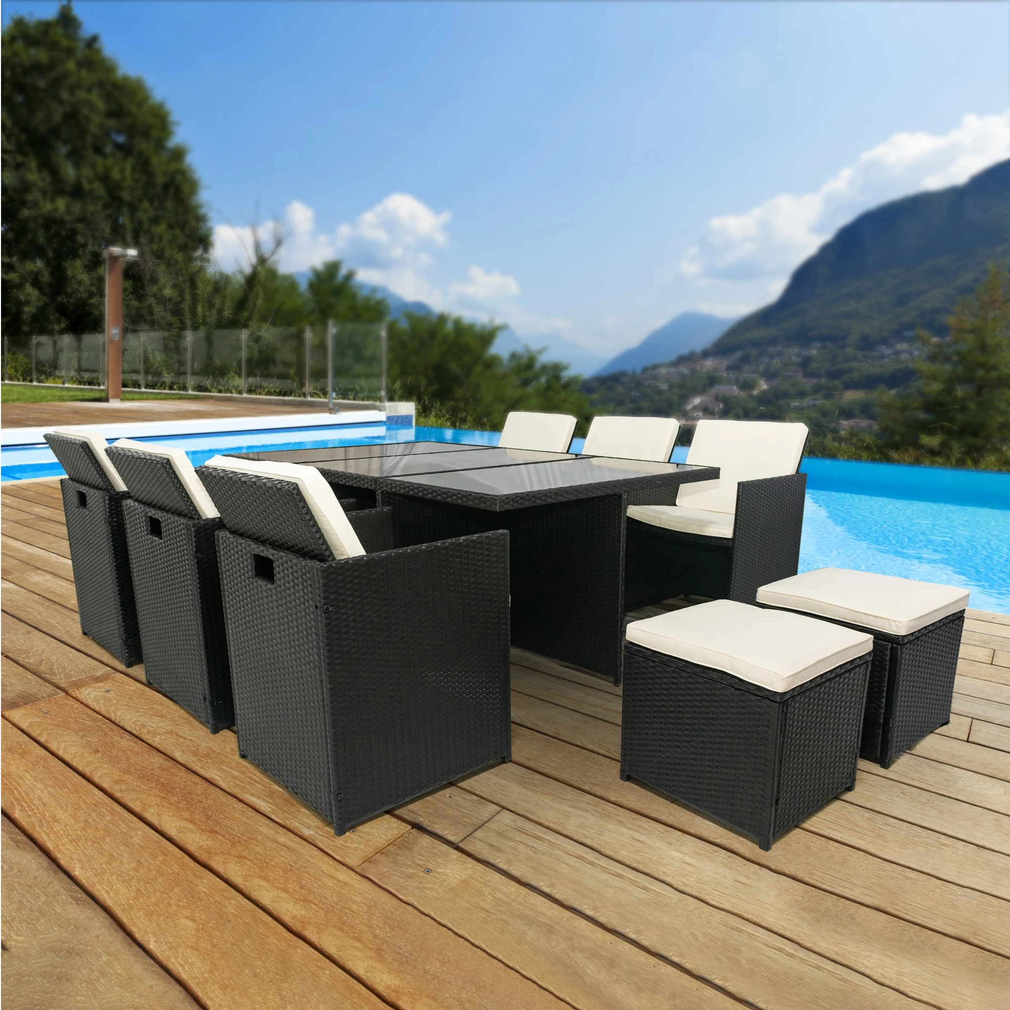 

11 Pieces Patio Dining Sets Outdoor Space Saving Rattan Chairs with Glass Table Patio Furniture Set Cushioned Seating and Back