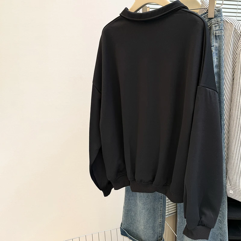 솔리드 컬러 v 넥 스웨트 다목적 세련된 긴 소매 탑 여성을위한 고급 느슨한 옷깃 간단한 풀오버