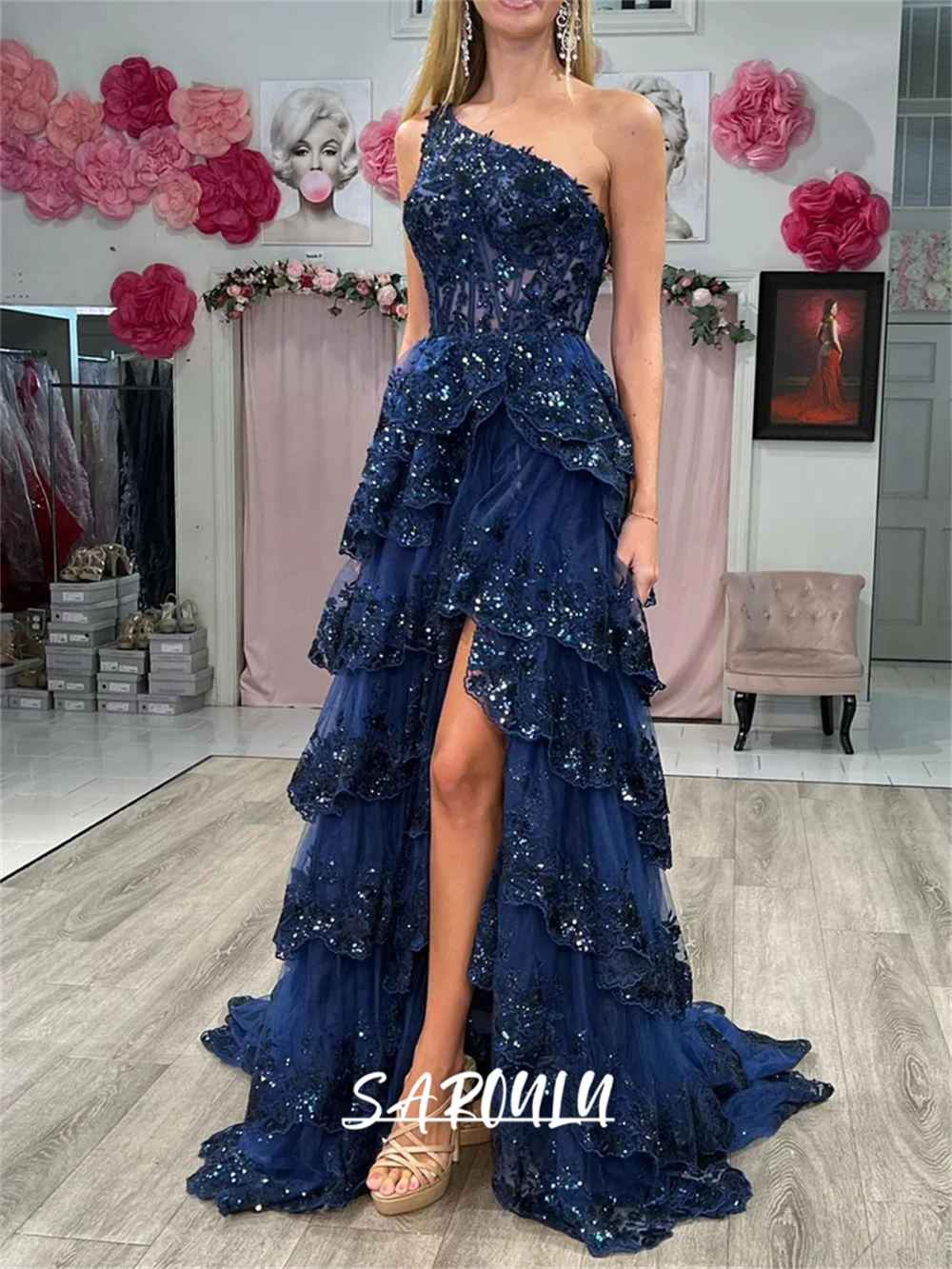 Tiered Lace Prom Dress with Side Slit Sexy Illusion One Shoulder A Line Long Evening Formal Dresses for Women Party Coctail