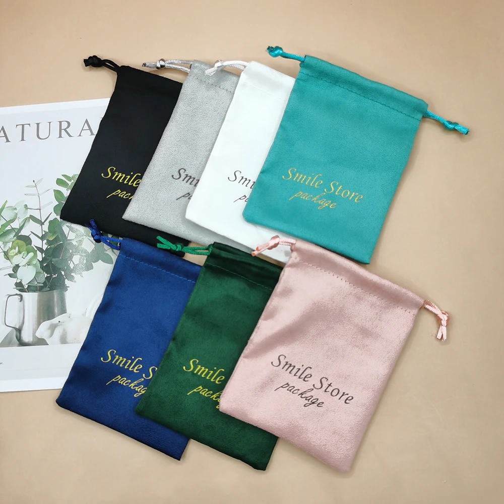 100pcs Personalized Logo Print Jewelry Bags Drawstring Soft Flannel Jewelry Packaging Pouches Velvet Wedding Favor Gift Bags