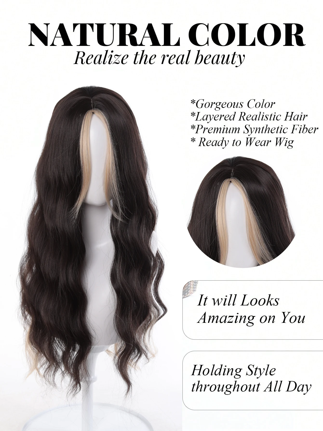 OLACARE Long Body Natural Wave Brown Highlight Blonde 28 Inch Synthetic Wig Middle Part Natural Looking Wig Girl For Women