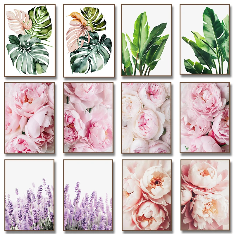 Póster de lienzo sin marco con estampado de flores tropicales, peonías y hojas de Monstera, en tonos rosa rubor y lavanda, 1 unidad
