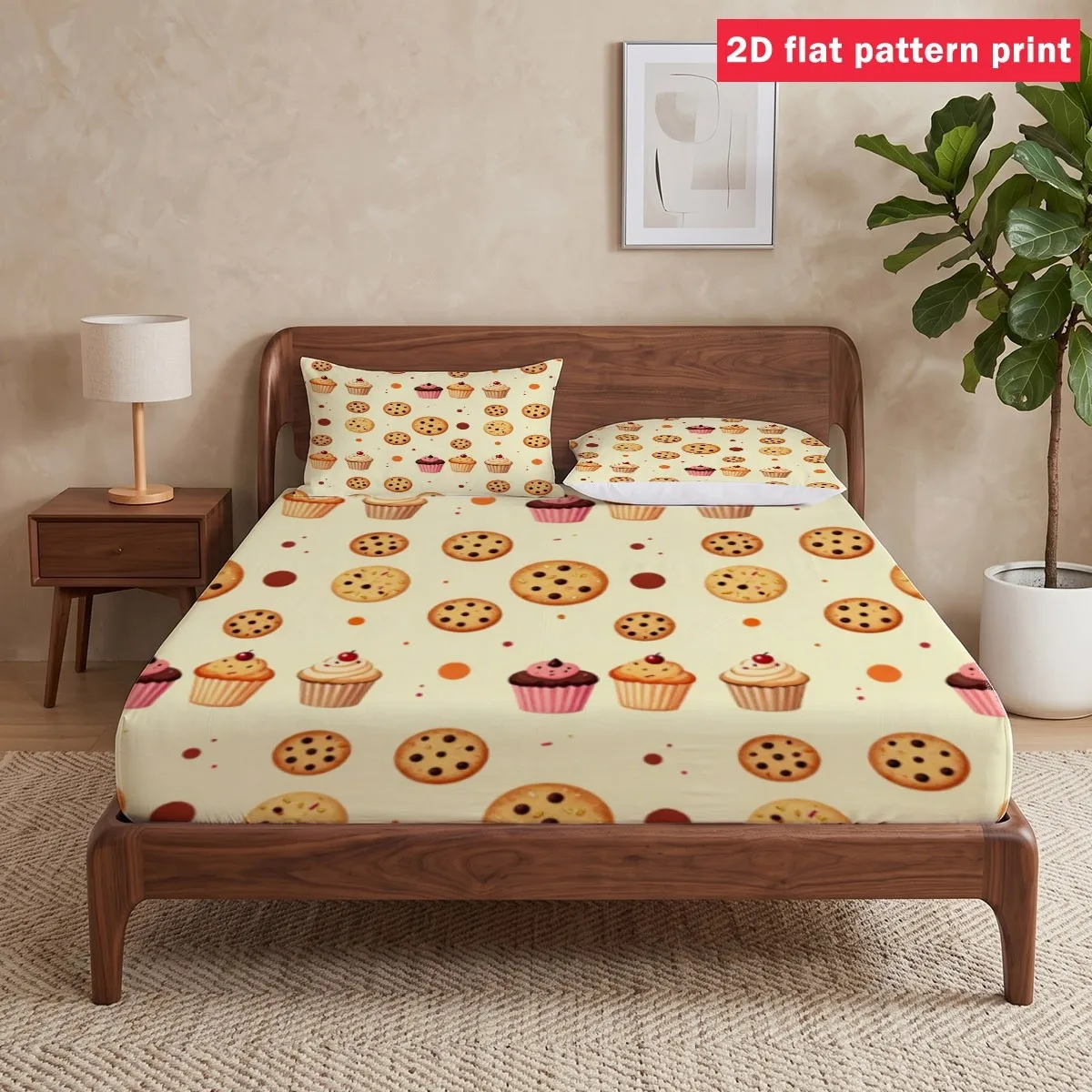 Quirky Dessert Patterns 2D Printed Bedding Set, Mattress Protector, Fitted Sheet Style, Protective Cover, 2D Flat Printing, Mattress Protector, Cake and Cookie Designs, Suitable for All Seasons, Machine Washable Design, Holiday Decoration, Various Sizes, Breathable Protective Cover with Pillowcase