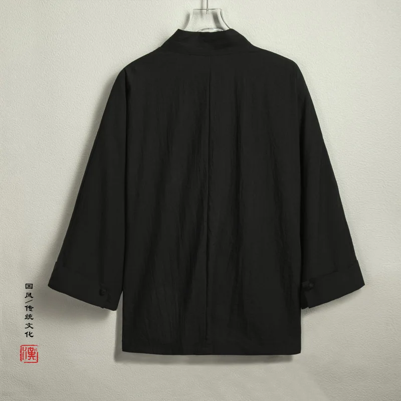 2024 Men Linen Kimono Shirts Men Solid Color Linen Shirt Casual Fashion Open Stitch Shirt Male Kimono Jacket Black