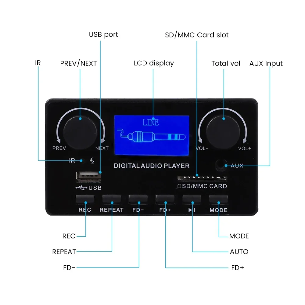 Placa decodificadora Bluetooth MP3 de 12V, decodificador de pantalla LCD con letras, WMA, WAV, FLAC, APE, grabación FM, decodificación USB para amplificador de Audio