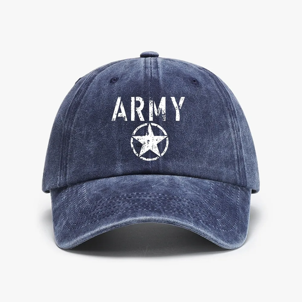 

ARMY and five pointed star Vintage Washed Cowboy Baseball Cap Adjustable Men Women Curved Brim Soft Top Hat