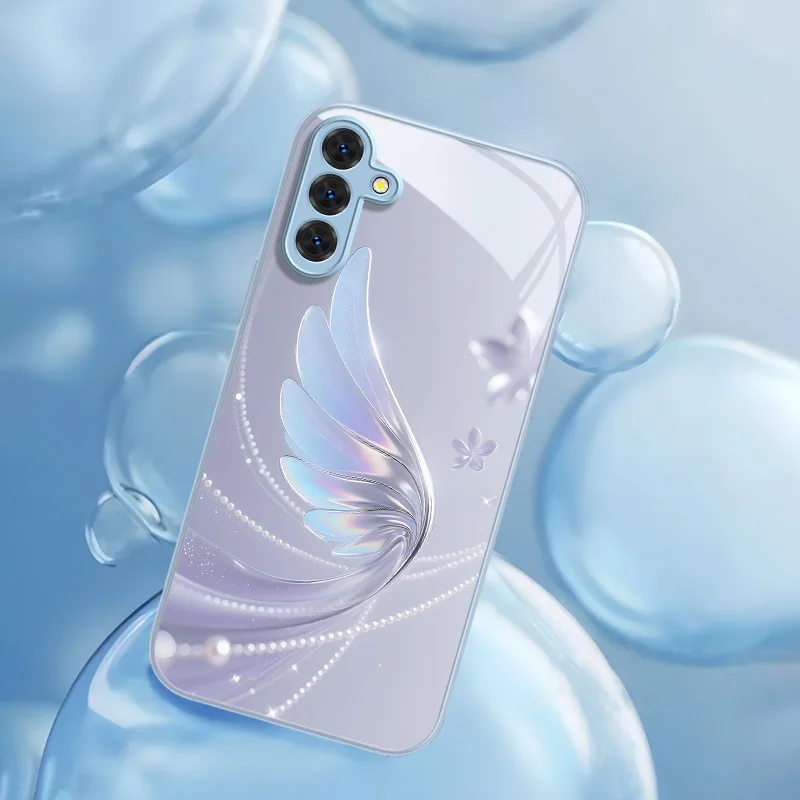 New white feather-patterned glass phone case, suitable for Samsung S26/S25/S24/S23/S22/S21/S20 and other models.