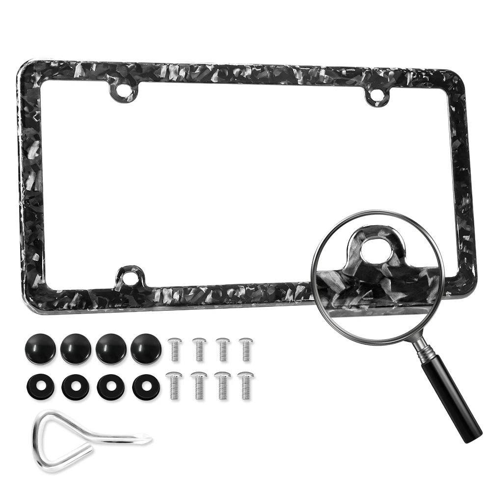 Glossy Black Forged Pattern Carbon Fiber License Plate Frame Universal US Standard 4-Hole Car Tag Holder Cover with Screw Caps