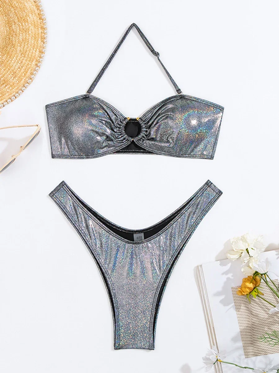 2025 Halter Ring Link Thong Bikini Set High Cut Swimsuit Women Sexy Swimwear Female Bathers Bathing Swimming Swim Suit Beachwear