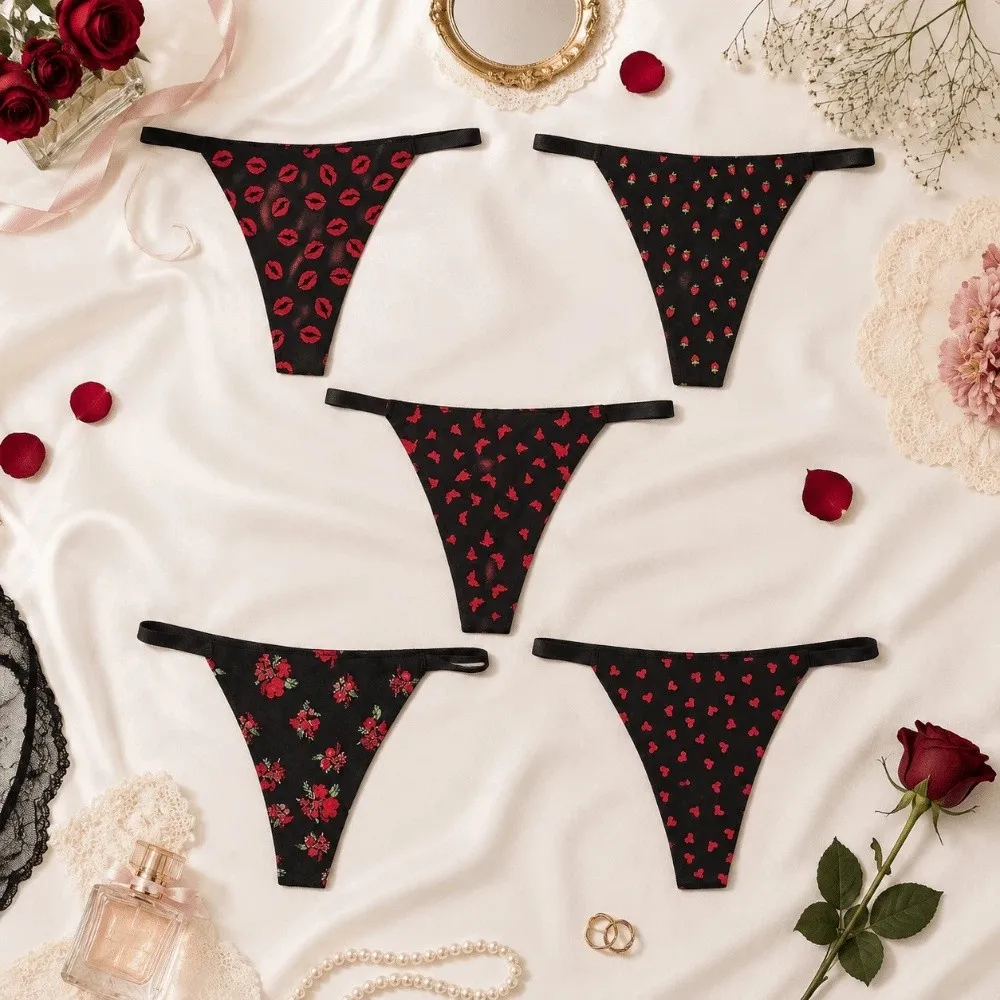 Culottes string élégantes sans coutures pour femme, lingerie taille basse, motif lèvres de fraise, en soie glacée
