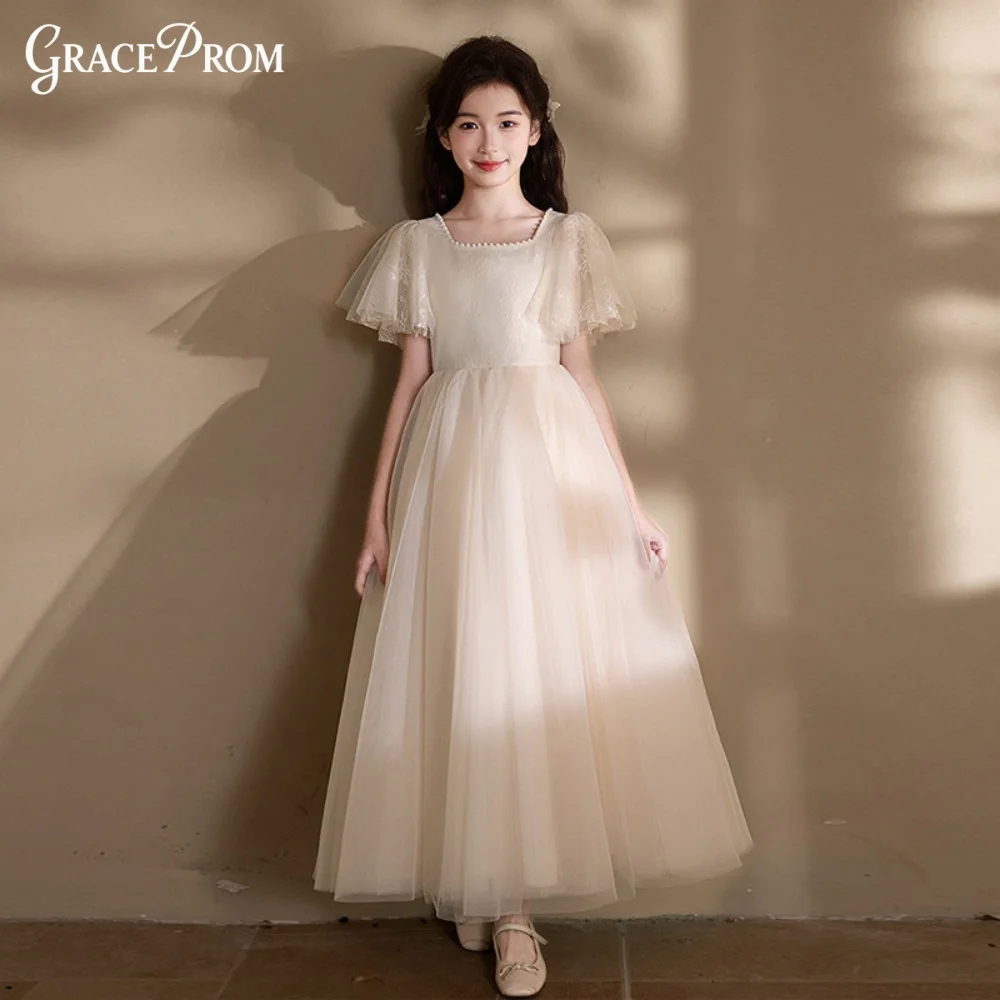 

Elegant Ivory Tulle Flower Girl Dress Short Flutter Sleeve Lace Bodice Pearl Neckline Kids Princess Wedding Pageant Formal Gown