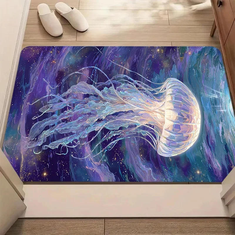Dreamy Purple Blue Galaxy Glowing Jellyfish Doormat Anti Slip Entrance Floor Mat Ocean Space Aesthetic Front Door Hallway Rug