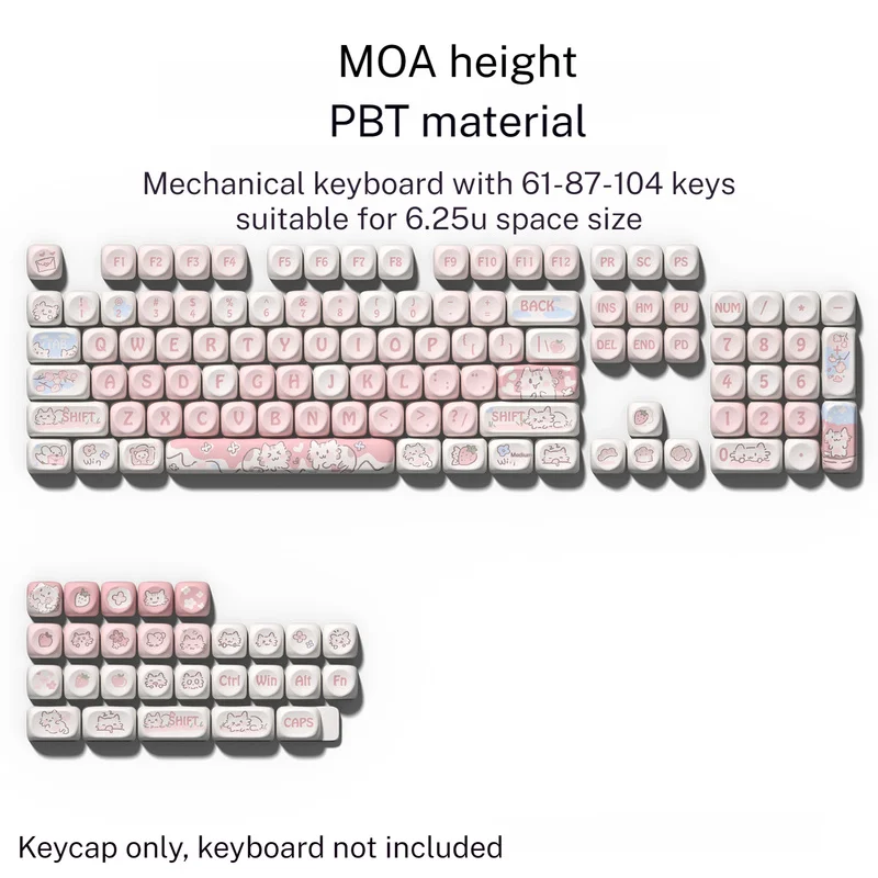 Kawaii Strawberry Kitten Keycap 132 Keys Keyboard Decoration MOA Configuration PBT Sublimation Mechanical Keyboard Girls Gift