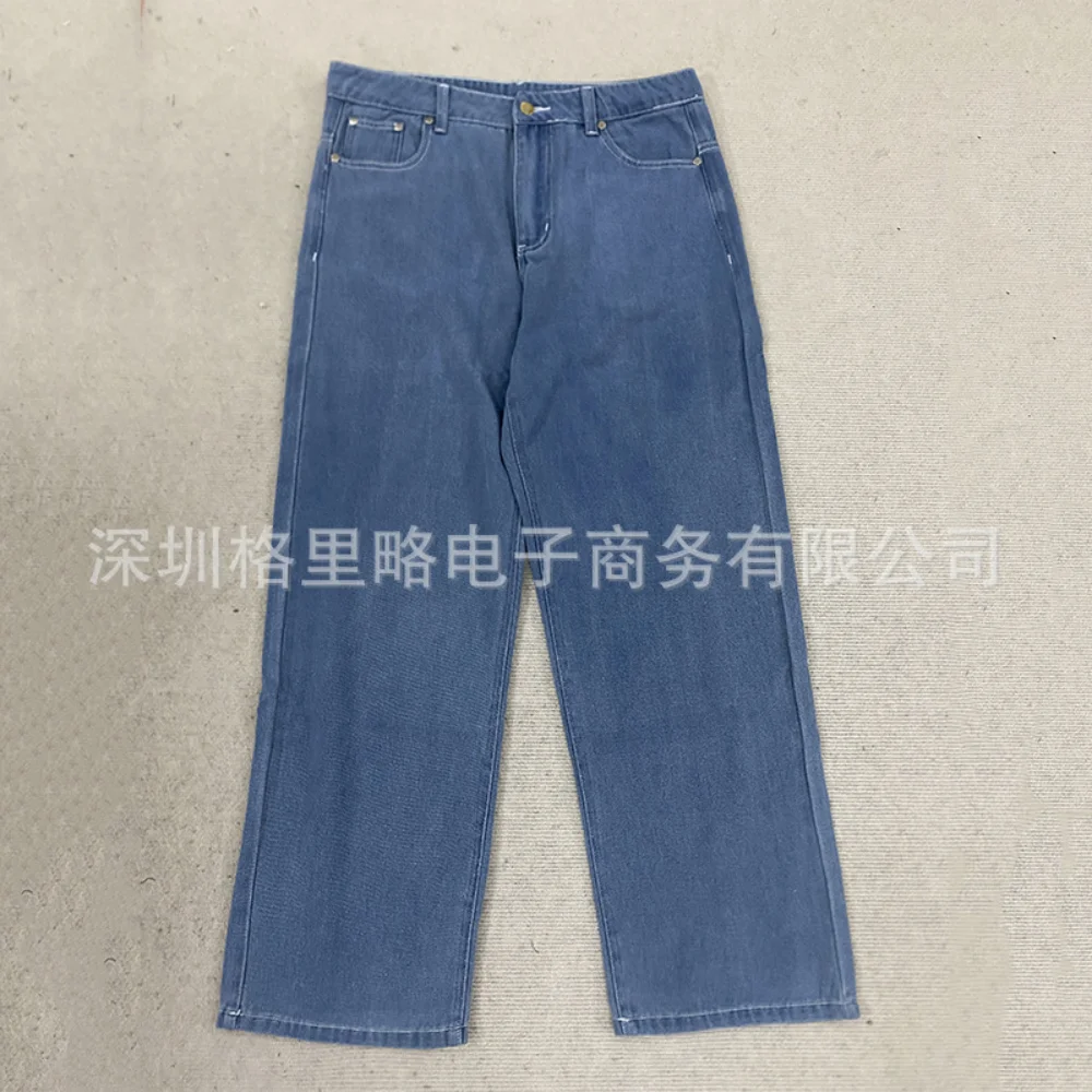 

European and American design sense embroidered unisex ins casual versatile blue straight tube wear-resistant jeans punk style