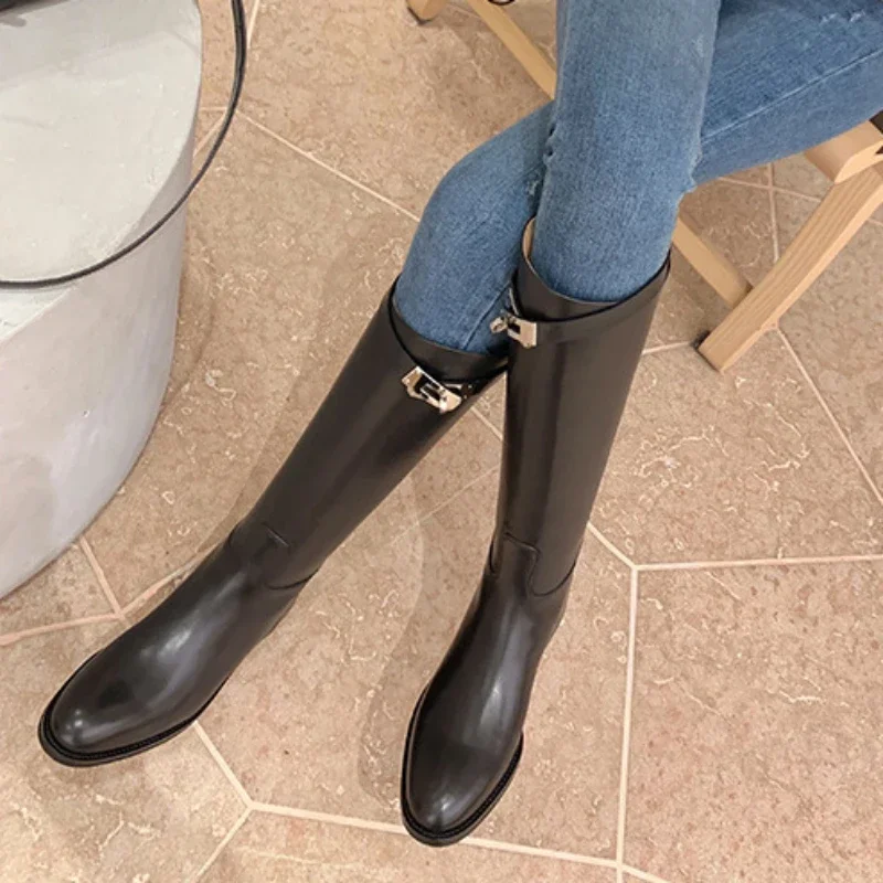 Women Shoes 2023 Winter Platform Women Long Boot Fashion Thick Sole Flats Heels Round Toe Knee High Boot Side Zipper Knight Boot