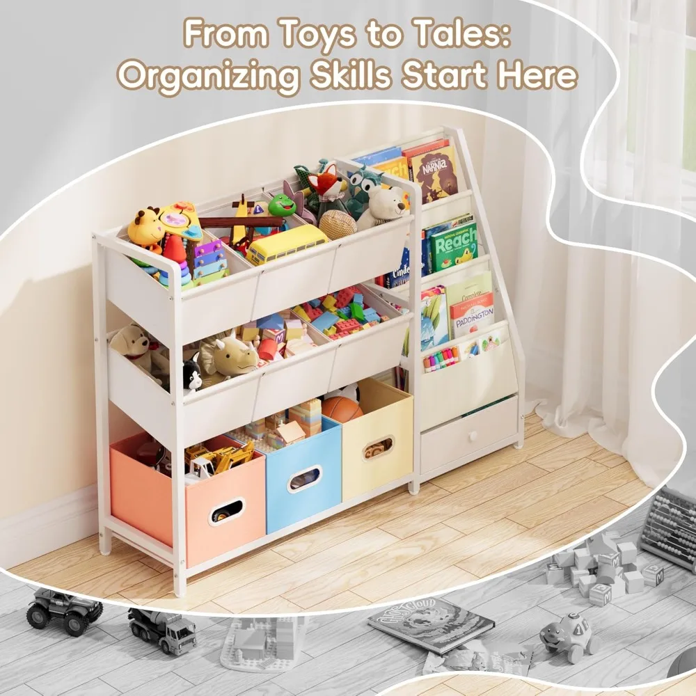 منظم كتب ولعبة للأطفال على طراز مونتيسوري مع 3 أرفف و10 صناديق لغرفة اللعب