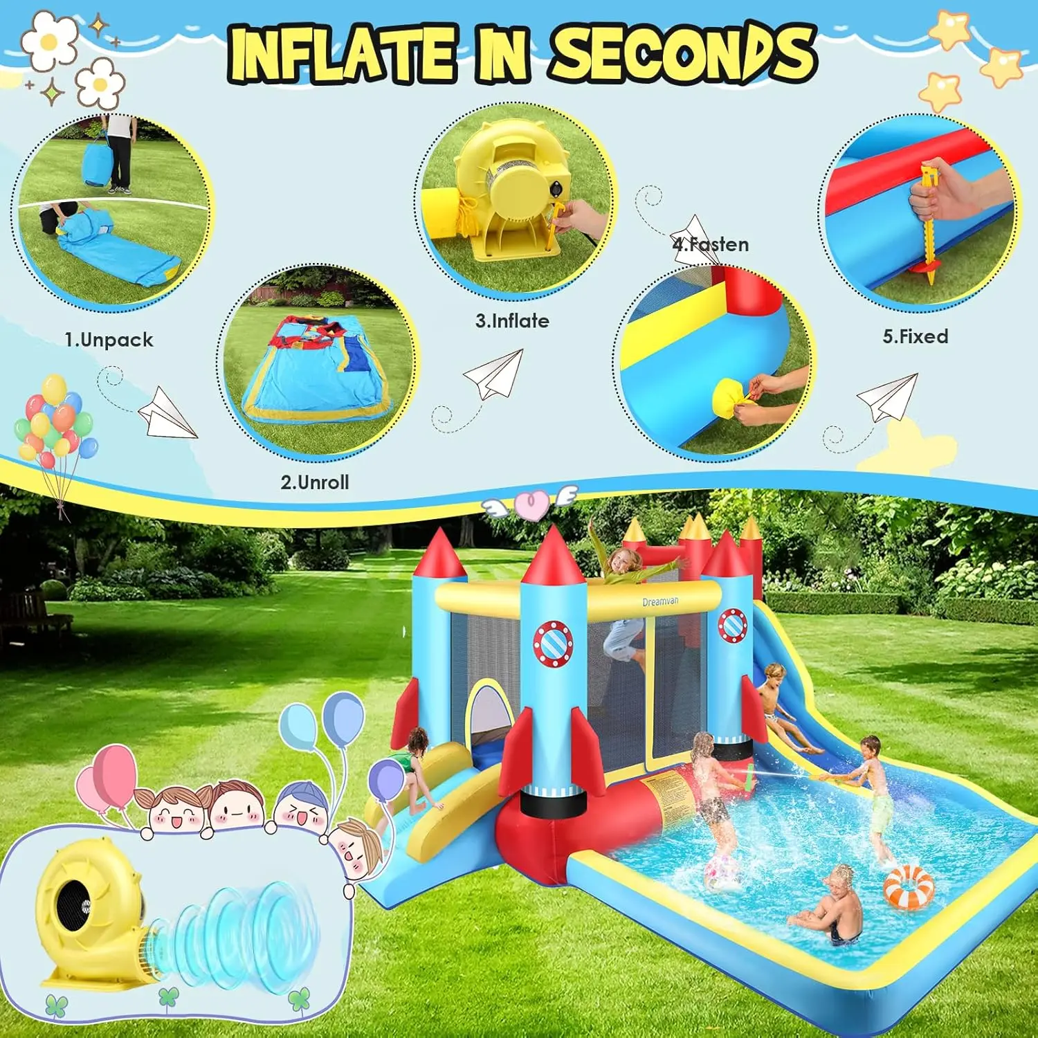 บ้านเด้งเป่าลมบ้านกระโดดและสาดบ้านเด้งสำหรับเด็กที่มีสระว่ายน้ำขนาดใหญ่และพื้นที่เด้งและสไลด์น้ำ2อันและกำแพงปีนเขา