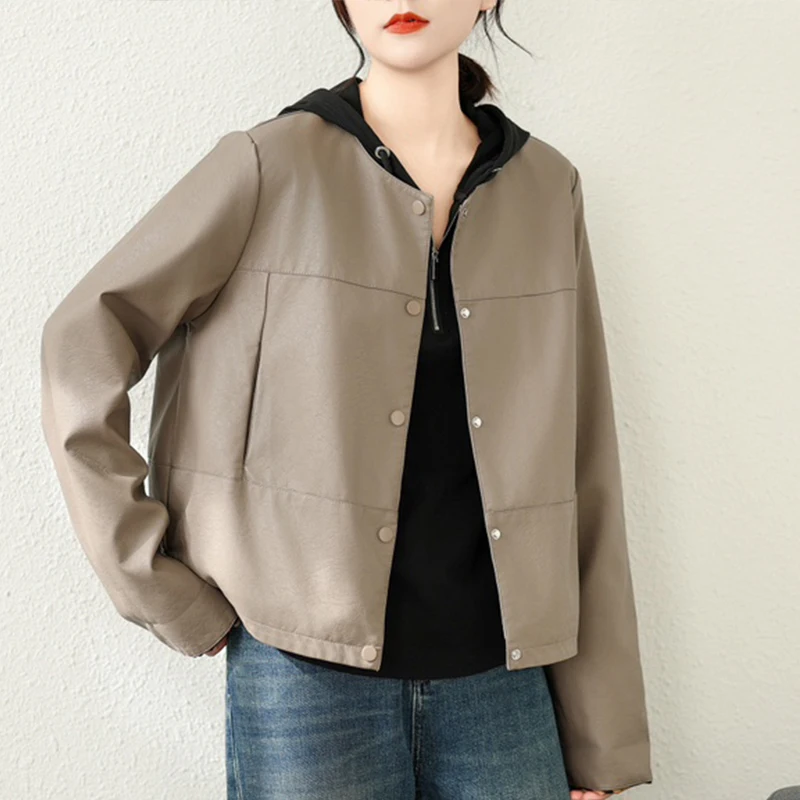 Masss Wasss Autumn Ladies Classic Loose Vintage O Neck Leopard PU Jackets Womens Fashion Faux Leather Coats Leisure Windbreakers