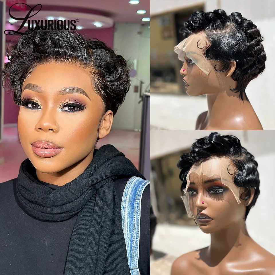 

Deep Wave Human Hair Wigs 13x4 Lace Front Short Bob Wigs Preplucked Water Wave Pixie Cut Transparent Lace Frontal Wigs 180%
