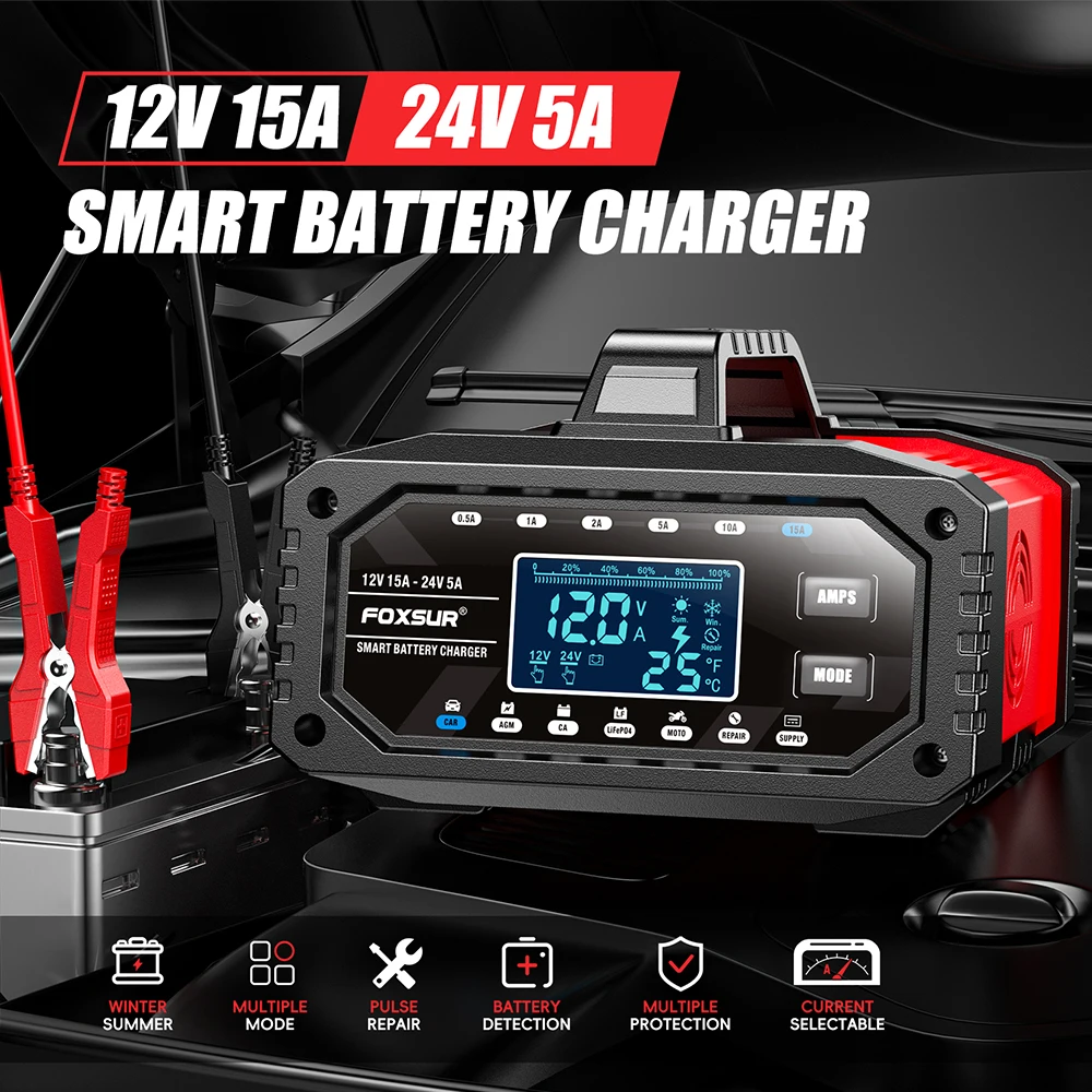 FOXSUR 15A/5A Car Motorcycle Battery Charger 12V/24V Smart Charger Lithium AGM GEL Lead-Acid LiFePO4 Battery Universal Chargers