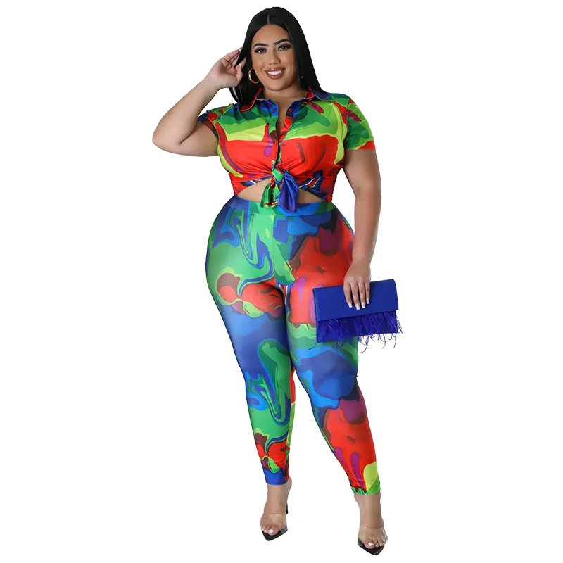 Plus Size Printed Two Piece Set Short Sleeve Lace Up Crop Top Pants 2 Piece Set Casual Streetwear Suit Summer Women Clothes 2023