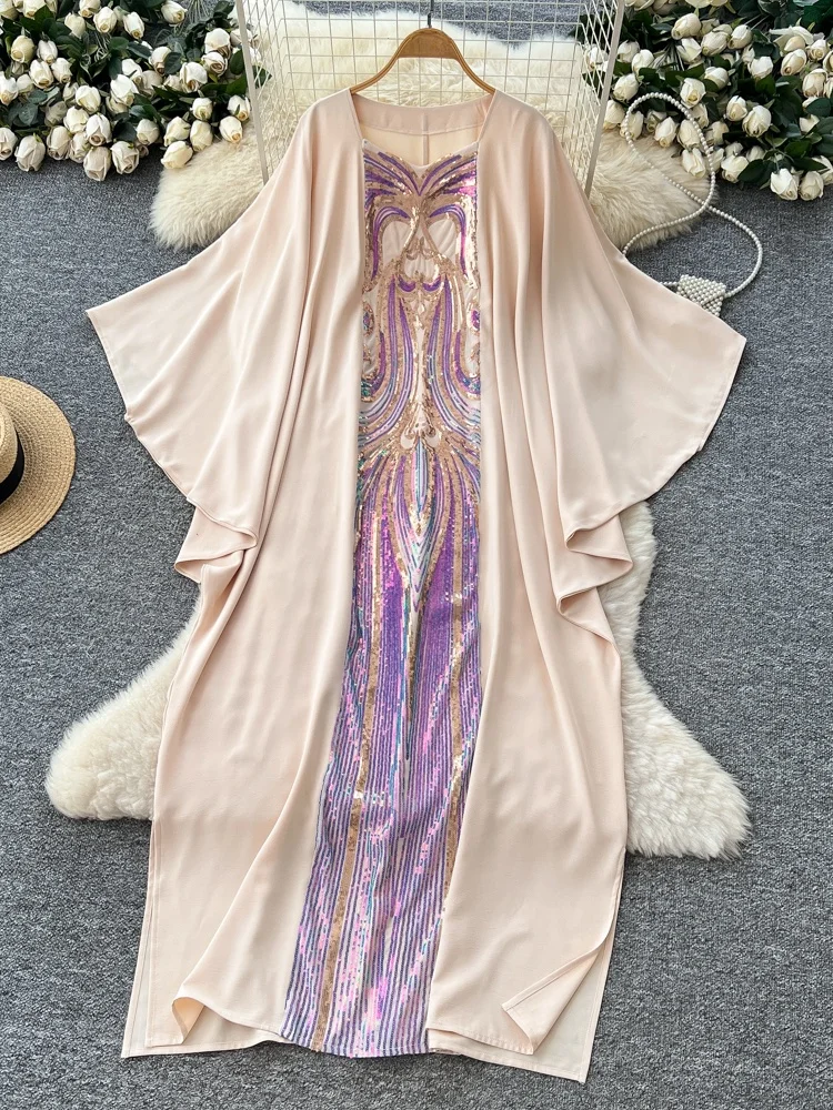 Vestido Largo Hoado con Mangas Murciélago y Parches Brillantes de Talla ande para Mujer, Estilo Industrial Pesado para Otoño