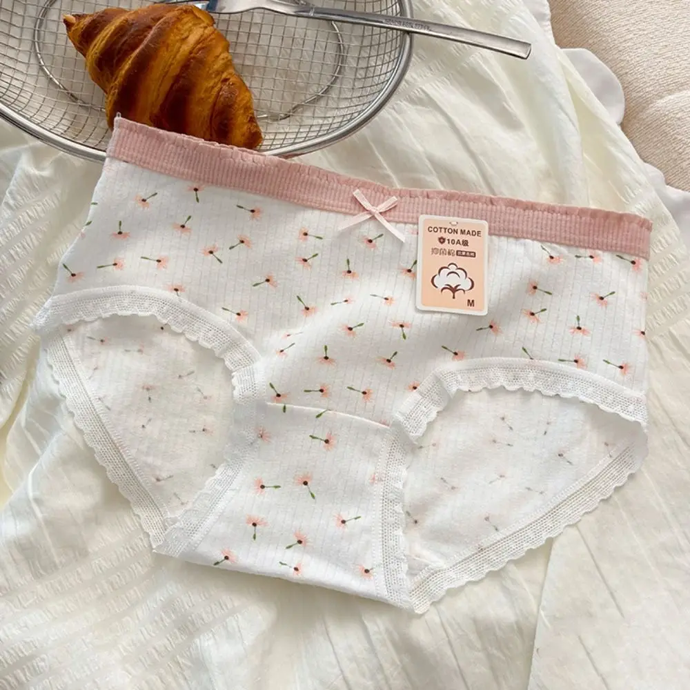 

5 шт., мягкие кружевные трусики с бантом и цветком, трусы со средней талией, милые трусы с цветочным принтом, нижнее белье, хлопковое нижнее белье с промежностью для женщин и леди
