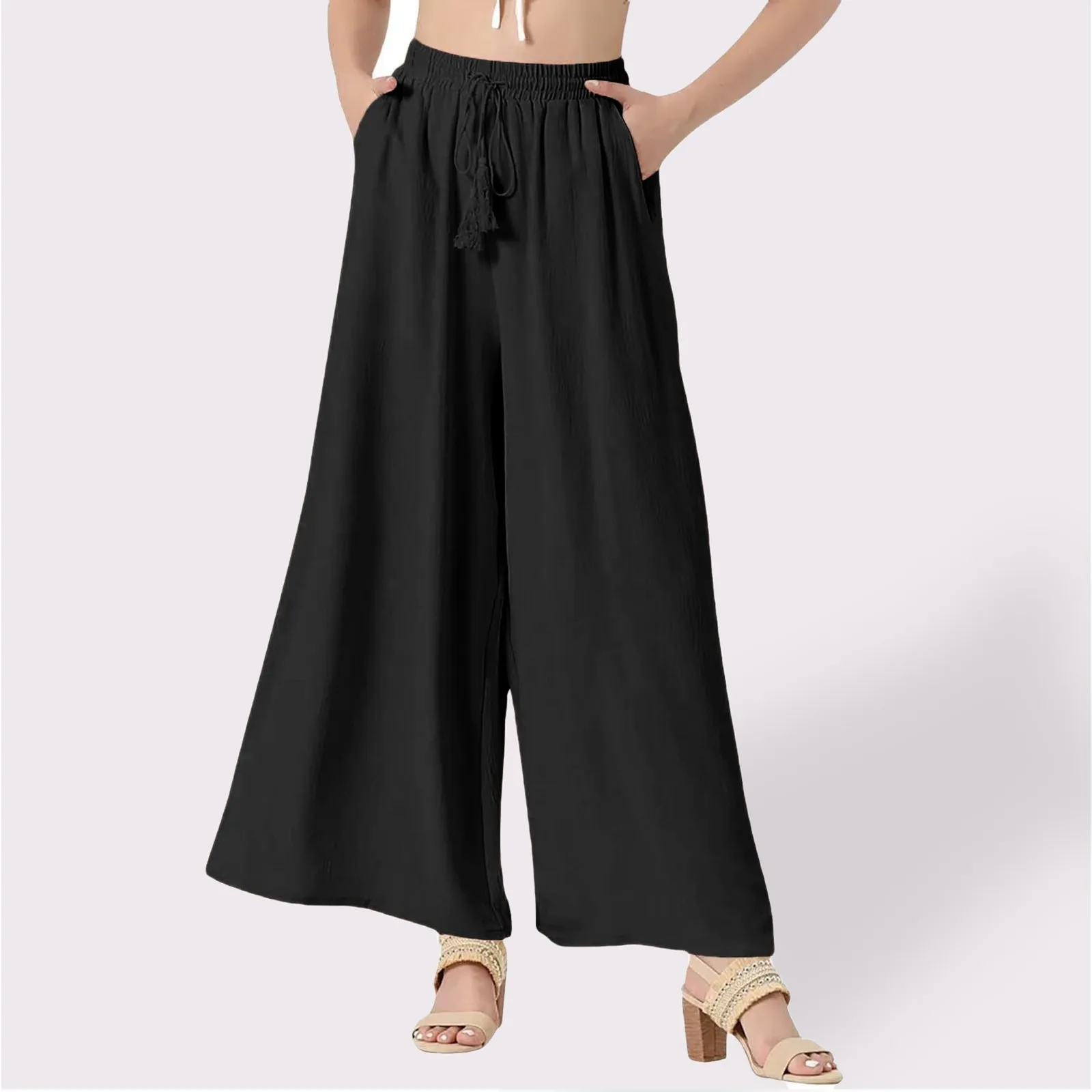 Women's Summer Vintage Loose Trouser Elastic High Waist Solid Drawstring Casual Pants Temperament Wide Leg Draped Long Pants