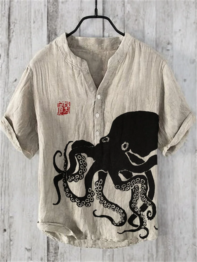 2024 New Summer Men's Short sleeved Linen Shirt with Water Monster Pattern Printed in European and American Popular Styles