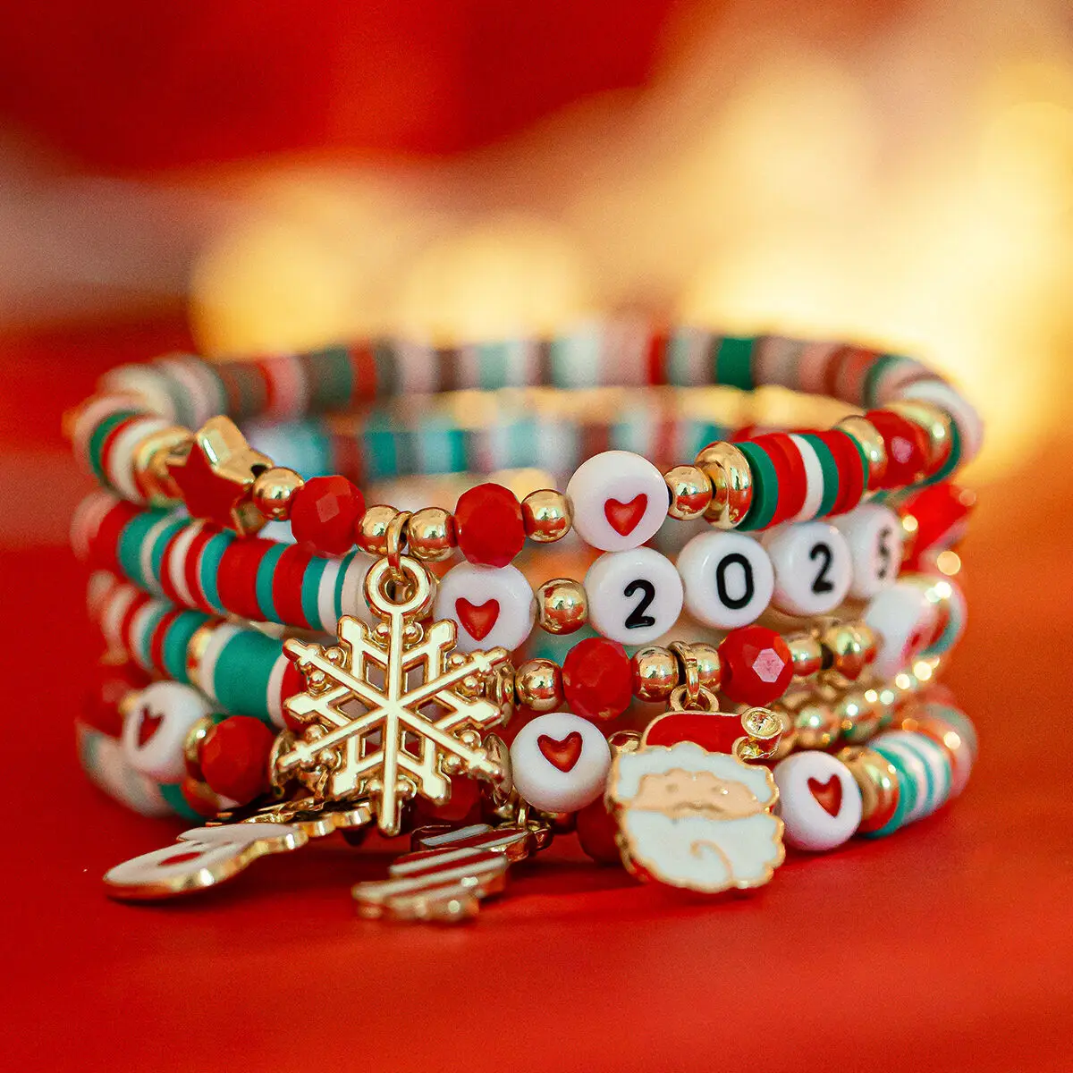 KunJoe 5pcs/set Cute Christmas Bell Snowflake Pendant Bracelet Women Colored Crystal Beads Adjustable Elastic Bracelet Jewelry