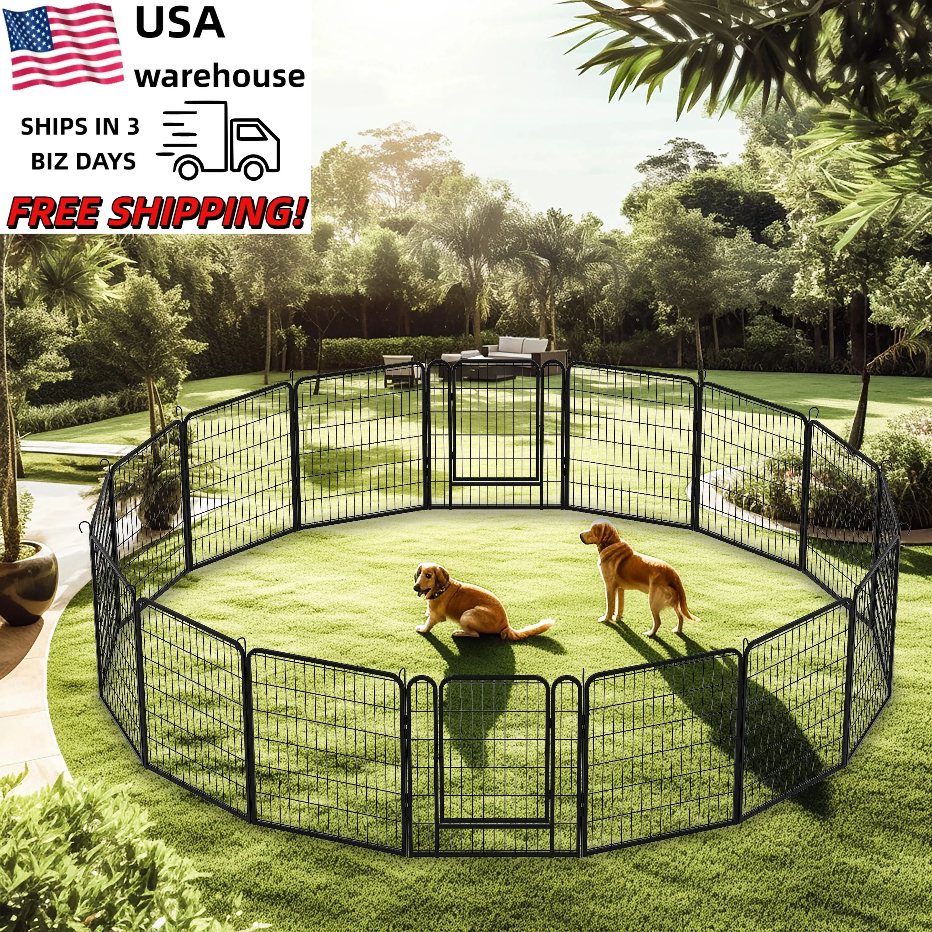 

Modern Heavy Metal Black Dog Kennel 16 Panels Dog Playpen with Door Big Pet Playpen Easy Assemble