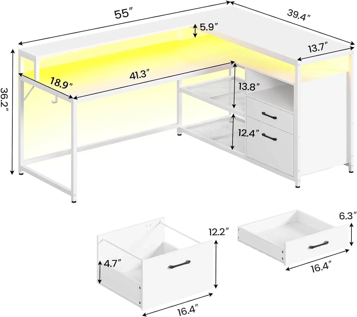 

Comfort Corner,Computer Desk with Drawers,Home Office Desk with File Drawer and Storage Shelves, LED Lights and Monitor Shelf