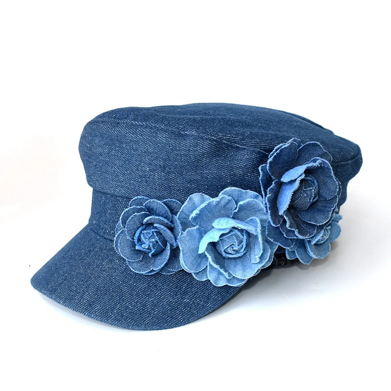 Modische Denim-Baskenmütze mit dreidimensionaler Blume, flacher Schirm, Sonnenhut, Gesichtsverkleinernd, Outdoor-Damen-Kapitänsmütze im Militärstil – Detail 7