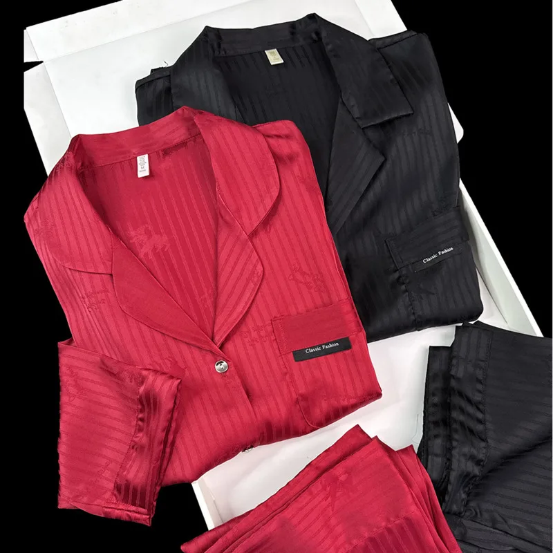 

26 Весенне-летние полосатые пижамы из ледяного шелка в стиле инфлюенсеров для пар, женские и мужские, элитные, роскошные, с длинными рукавами и брюками, домашняя одежда, ночная сорочка