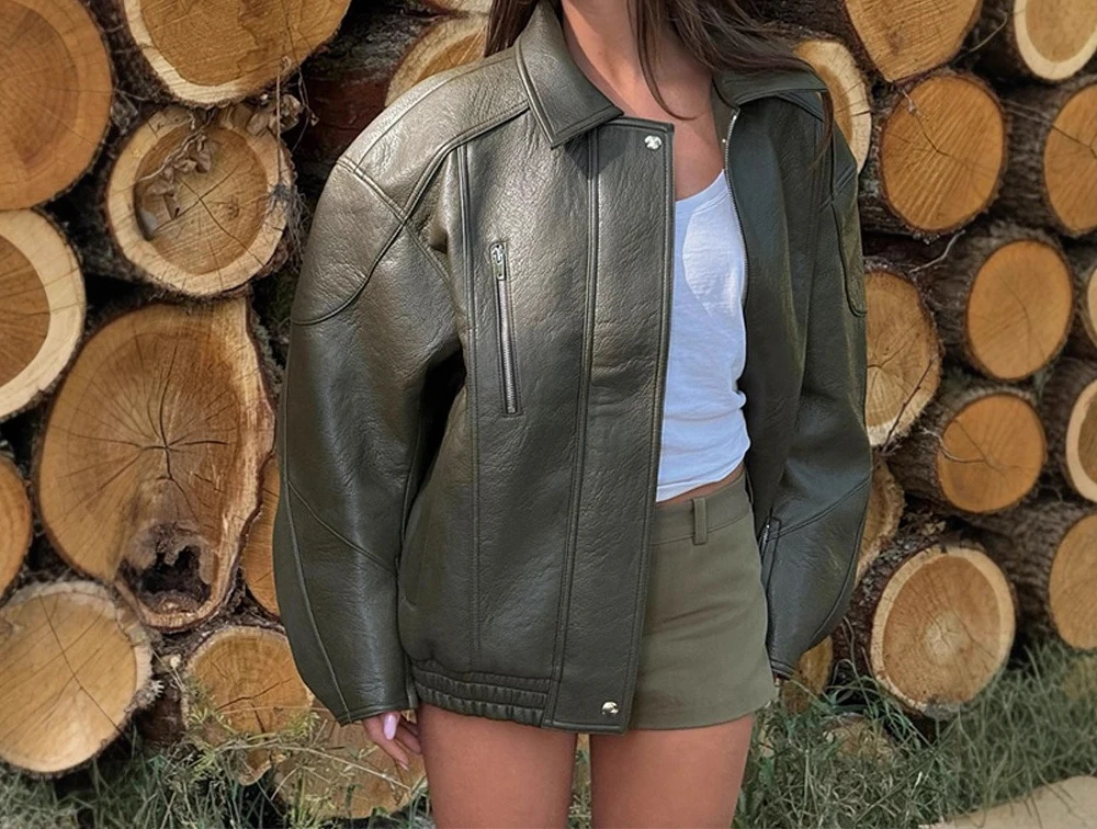 

2025 уличная модная однотонная кожаная куртка с воротником на молнии для женщин
