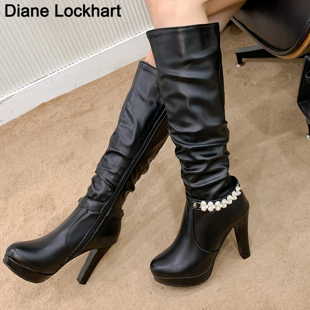 Women Winter High Boots Sexy High Heels Platform Knee High Boots Ladies Fashion Beaded Zipper White Black High Boots Shoes